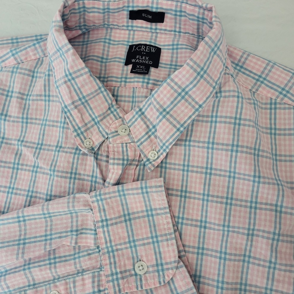 J Crew Mens Flex Washed Slim Fit Pink Blue Plaid Check Button Down Shirt XXL